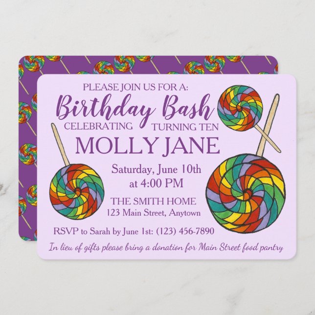 Rainbow Lollipop Candy Purple Birthday Bash Party Invitation (Front/Back)