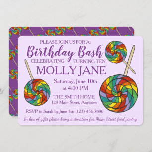 Rainbow Lollipop Candy Purple Birthday Bash Party Invitation