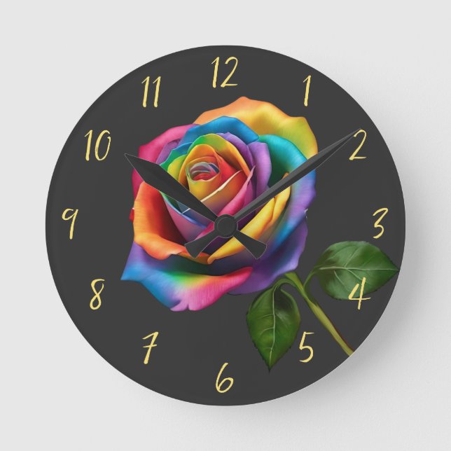Rainbow Long Stem Rose- Round Clock (Front)