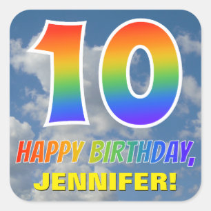 Rainbow Look "10" & "HAPPY BIRTHDAY", Clouds, Sky Square Sticker