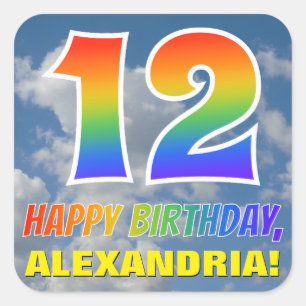 Rainbow Look "12" & "HAPPY BIRTHDAY", Clouds, Sky Square Sticker