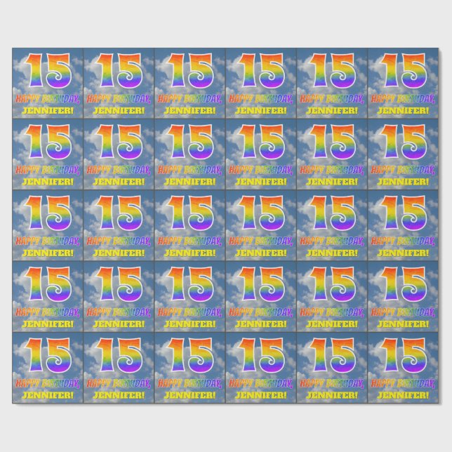 Rainbow Look "15" & "HAPPY BIRTHDAY", Clouds, Sky Wrapping Paper (Flat)