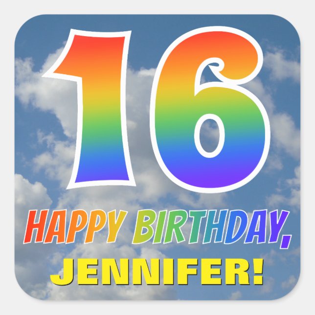 Rainbow Look "16" & "HAPPY BIRTHDAY", Clouds, Sky Square Sticker (Front)