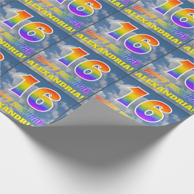 Rainbow Look "16" & "HAPPY BIRTHDAY", Clouds, Sky Wrapping Paper (Corner)