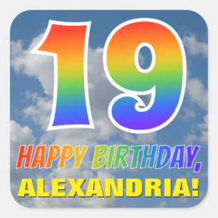 Rainbow Look "19" & "HAPPY BIRTHDAY", Clouds, Sky Square Sticker
