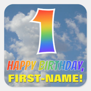 Rainbow Look "1" & "HAPPY BIRTHDAY", Clouds, Sky Square Sticker