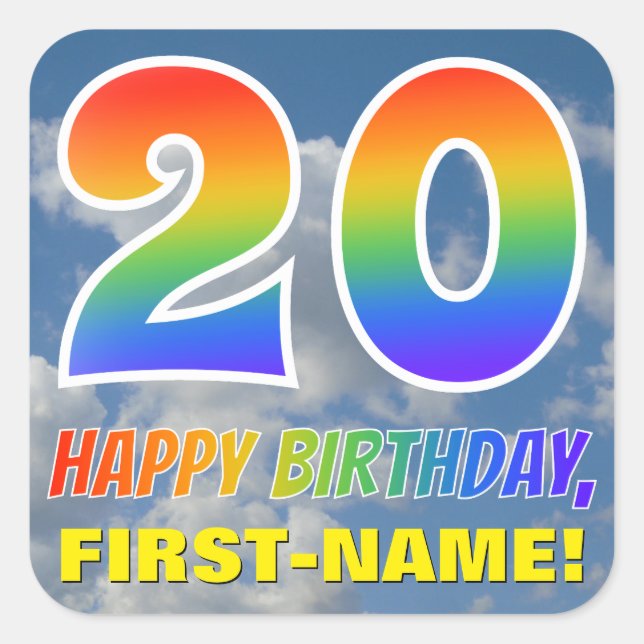 Rainbow Look "20" & "HAPPY BIRTHDAY", Clouds, Sky Square Sticker (Front)