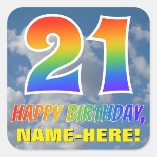 Rainbow Look "21" & "HAPPY BIRTHDAY", Clouds, Sky Square Sticker