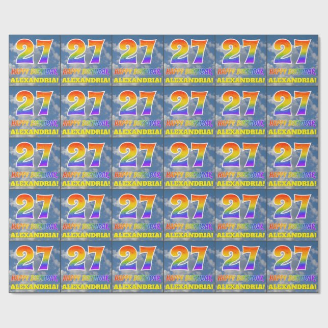 Rainbow Look "27" & "HAPPY BIRTHDAY", Clouds, Sky Wrapping Paper (Flat)