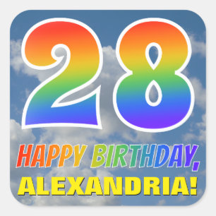 Rainbow Look "28" & "HAPPY BIRTHDAY", Clouds, Sky Square Sticker