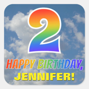 Rainbow Look "2" & "HAPPY BIRTHDAY", Clouds, Sky Square Sticker