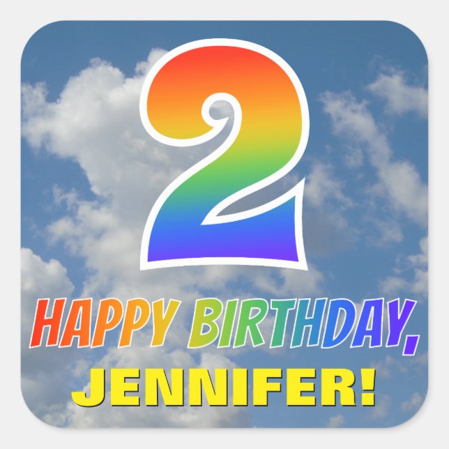 Rainbow Look "2" & "HAPPY BIRTHDAY", Clouds, Sky Square Sticker (Front)