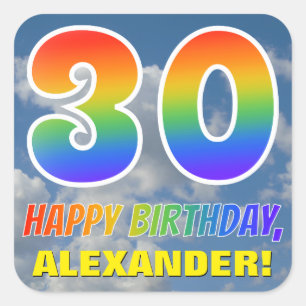 Rainbow Look "30" & "HAPPY BIRTHDAY", Clouds, Sky Square Sticker