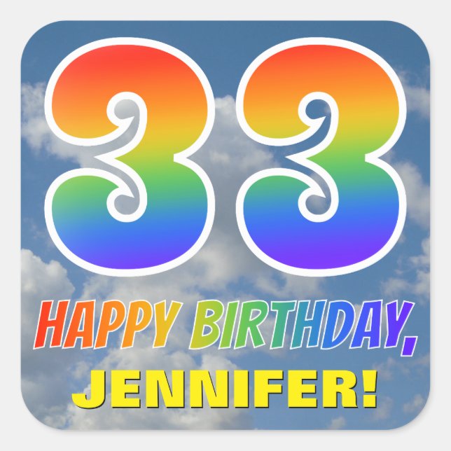 Rainbow Look "33" & "HAPPY BIRTHDAY", Clouds, Sky Square Sticker (Front)