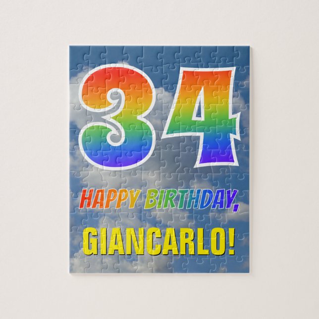 Rainbow Look "34" & "HAPPY BIRTHDAY", Cloudy Sky Jigsaw Puzzle (Vertical)