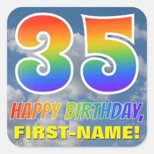 Rainbow Look "35" & "HAPPY BIRTHDAY", Clouds, Sky Square Sticker