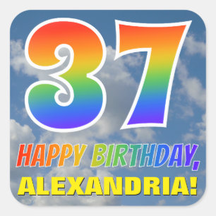Rainbow Look "37" & "HAPPY BIRTHDAY", Clouds, Sky Square Sticker