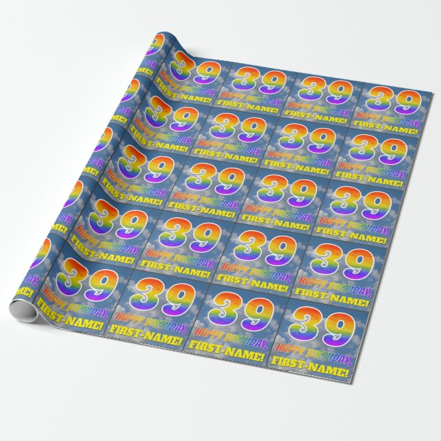 Rainbow Look "39" & "HAPPY BIRTHDAY", Clouds, Sky Wrapping Paper (Unrolled)