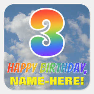 Rainbow Look "3" & "HAPPY BIRTHDAY", Clouds, Sky Square Sticker