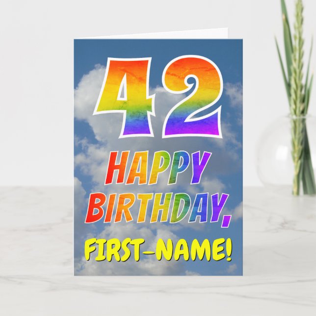 Rainbow Look "42" & "HAPPY BIRTHDAY", Clouds, Sky Card (Front)