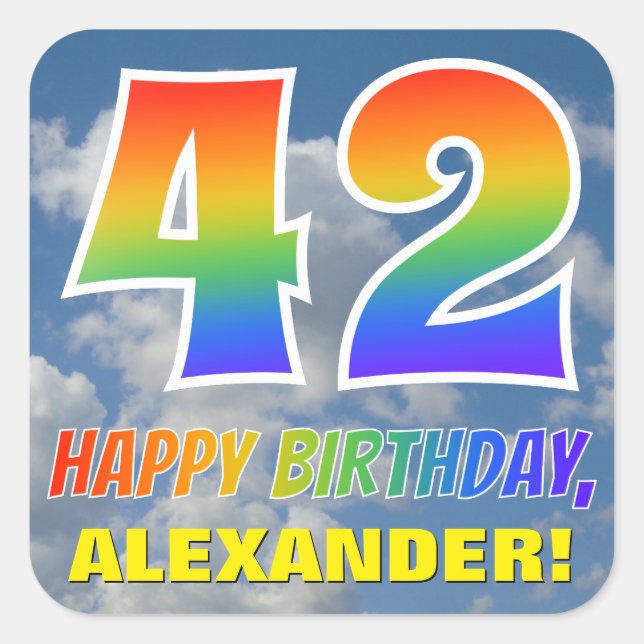 Rainbow Look "42" & "HAPPY BIRTHDAY", Clouds, Sky Square Sticker (Front)