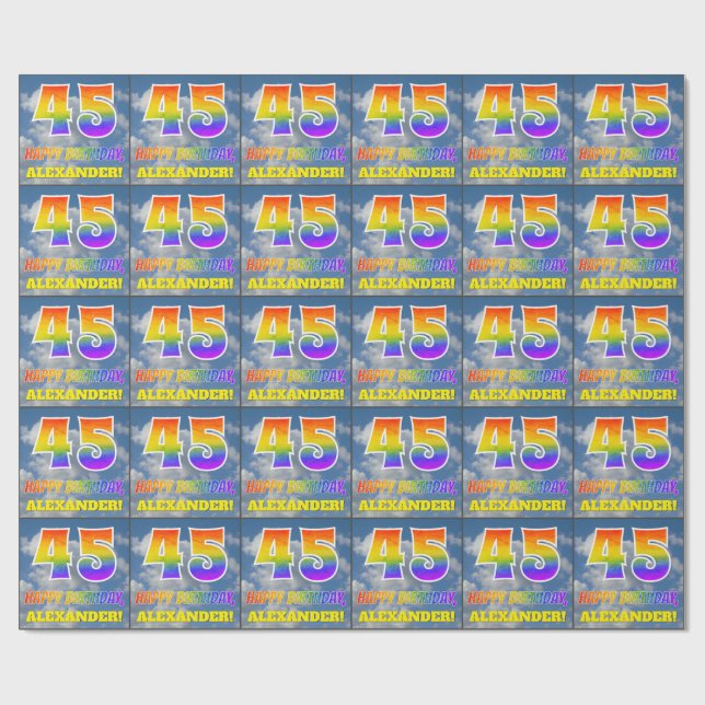 Rainbow Look "45" & "HAPPY BIRTHDAY", Clouds, Sky Wrapping Paper (Flat)