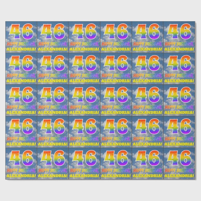 Rainbow Look "46" & "HAPPY BIRTHDAY", Clouds, Sky Wrapping Paper (Flat)