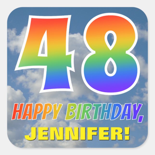 Rainbow Look "48" & "HAPPY BIRTHDAY", Clouds, Sky Square Sticker (Front)