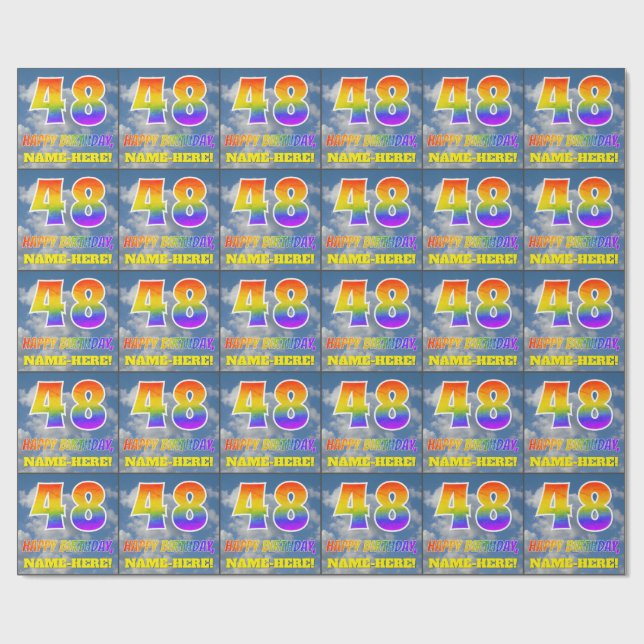 Rainbow Look "48" & "HAPPY BIRTHDAY", Clouds, Sky Wrapping Paper (Flat)
