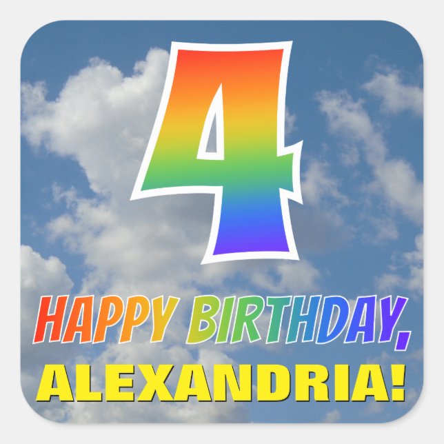 Rainbow Look "4" & "HAPPY BIRTHDAY", Clouds, Sky Square Sticker (Front)