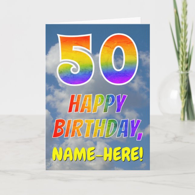 Rainbow Look "50" & "HAPPY BIRTHDAY", Clouds, Sky Card (Front)