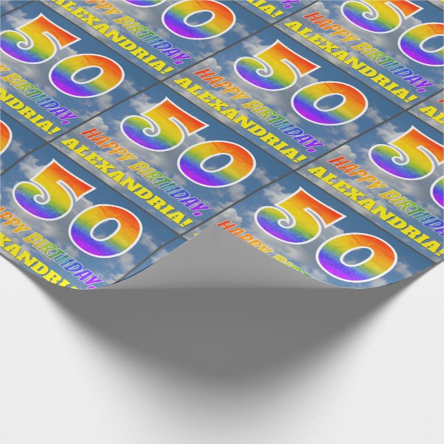 Rainbow Look "50" & "HAPPY BIRTHDAY", Clouds, Sky Wrapping Paper (Corner)
