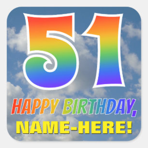 Rainbow Look "51" & "HAPPY BIRTHDAY", Clouds, Sky Square Sticker