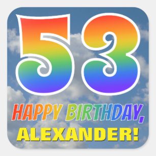 Rainbow Look "53" & "HAPPY BIRTHDAY", Clouds, Sky Square Sticker