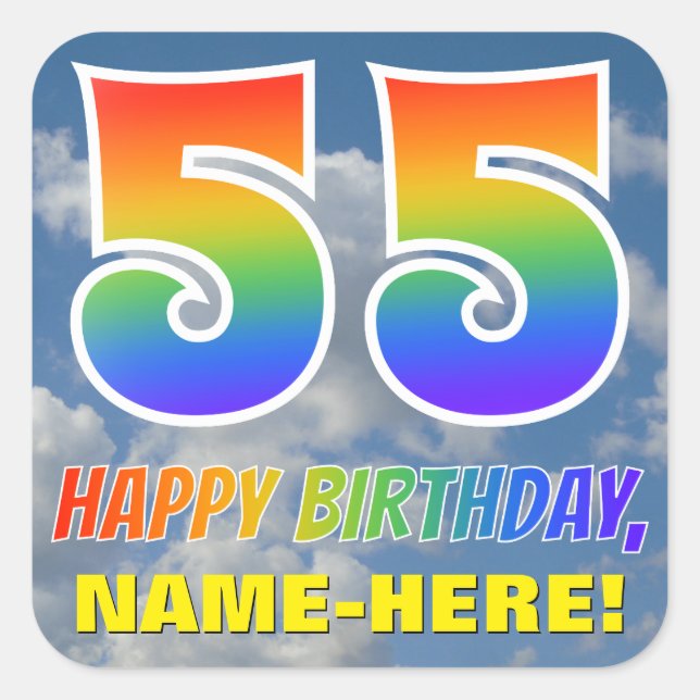 Rainbow Look "55" & "HAPPY BIRTHDAY", Clouds, Sky Square Sticker (Front)