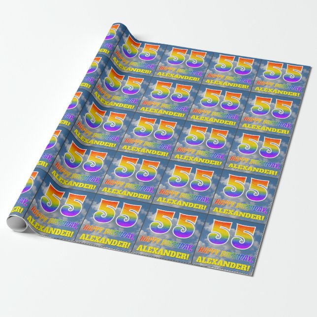 Rainbow Look "55" & "HAPPY BIRTHDAY", Clouds, Sky Wrapping Paper (Unrolled)