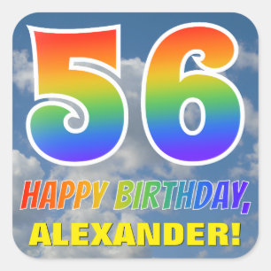 Rainbow Look "56" & "HAPPY BIRTHDAY", Clouds, Sky Square Sticker