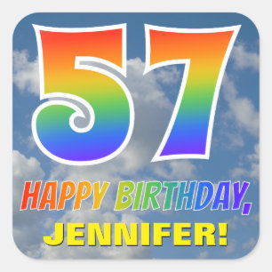 Rainbow Look "57" & "HAPPY BIRTHDAY", Clouds, Sky Square Sticker