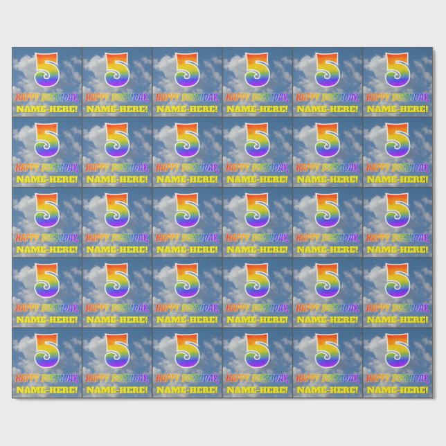 Rainbow Look "5" & "HAPPY BIRTHDAY", Clouds, Sky Wrapping Paper (Flat)