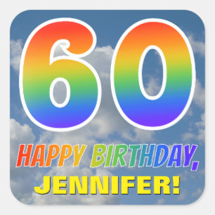 Rainbow Look "60" & "HAPPY BIRTHDAY", Clouds, Sky Square Sticker