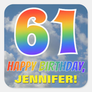 Rainbow Look "61" & "HAPPY BIRTHDAY", Clouds, Sky Square Sticker