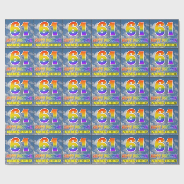 Rainbow Look "61" & "HAPPY BIRTHDAY", Clouds, Sky Wrapping Paper (Flat)