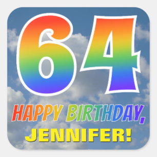 Rainbow Look "64" & "HAPPY BIRTHDAY", Clouds, Sky Square Sticker