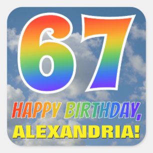 Rainbow Look "67" & "HAPPY BIRTHDAY", Clouds, Sky Square Sticker