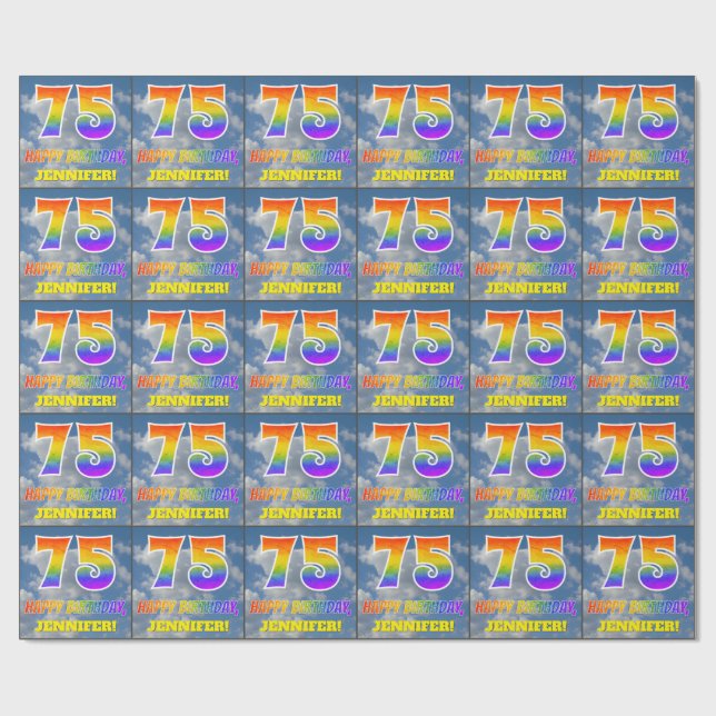 Rainbow Look "75" & "HAPPY BIRTHDAY", Clouds, Sky Wrapping Paper (Flat)