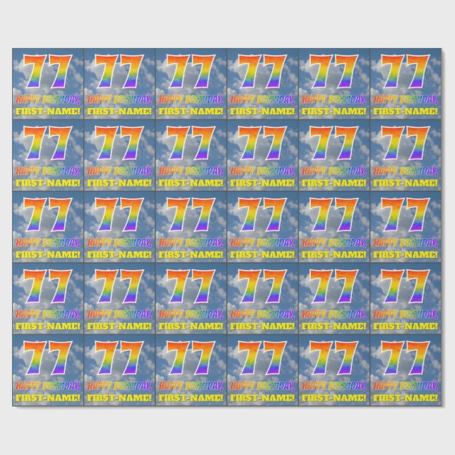 Rainbow Look "77" & "HAPPY BIRTHDAY", Clouds, Sky Wrapping Paper (Flat)