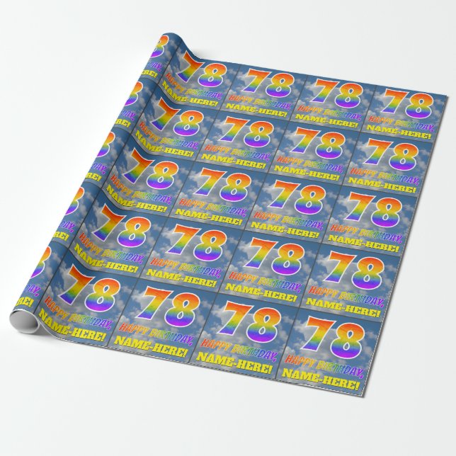 Rainbow Look "78" & "HAPPY BIRTHDAY", Clouds, Sky Wrapping Paper (Unrolled)
