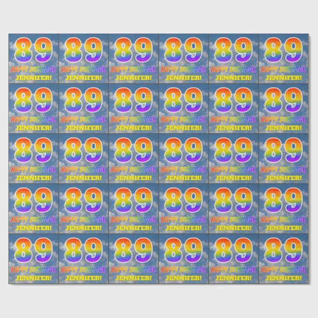 Rainbow Look "89" & "HAPPY BIRTHDAY", Clouds, Sky Wrapping Paper (Flat)