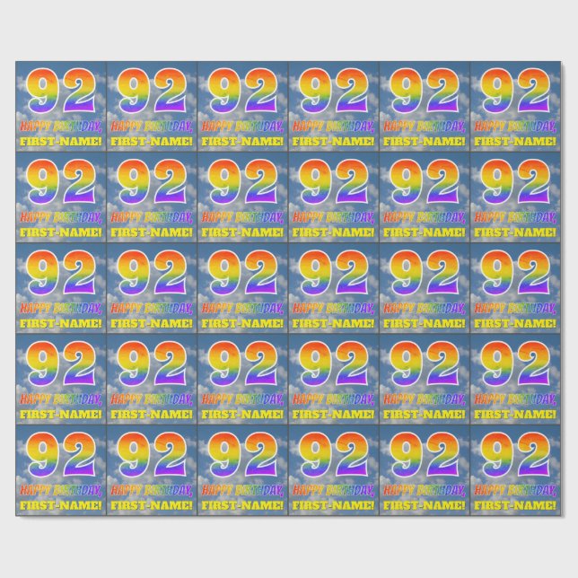 Rainbow Look "92" & "HAPPY BIRTHDAY", Clouds, Sky Wrapping Paper (Flat)
