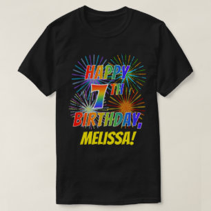 Rainbow Look HAPPY 7TH BIRTHDAY; Fireworks + Name T-Shirt